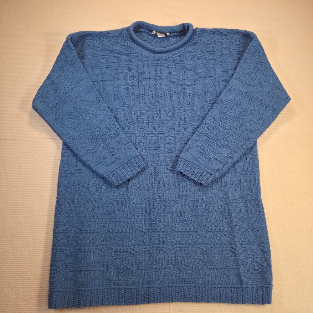 Basic Editions Sweater Womens Large Blue Brown Rib Knit Crewneck Made in USA